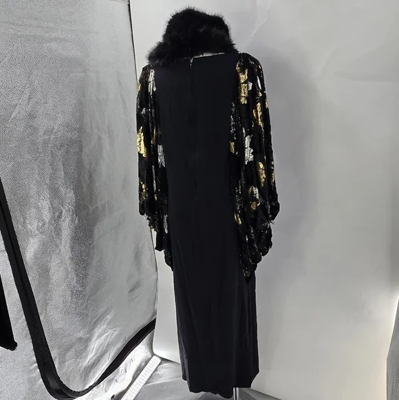 RICHILENE Elegant Black gown With Metallic Gold And Silver Leafs RARE GOWN